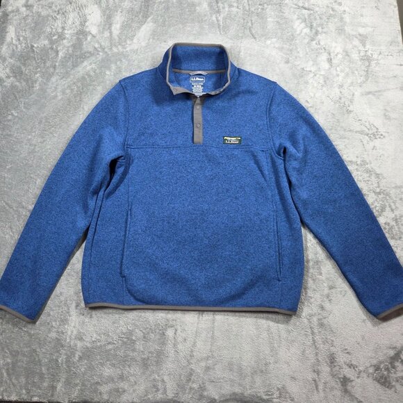 LL Bean Sweater Fleece Mens Medium Blue Snap Closure Pockets Pullover - Picture 1 of 8